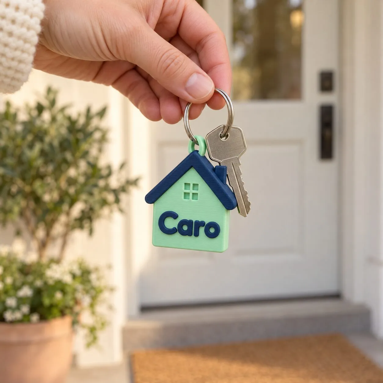 Una mano sostiene una llave con un llavero verde menta con forma de casita y el nombre Caro.
