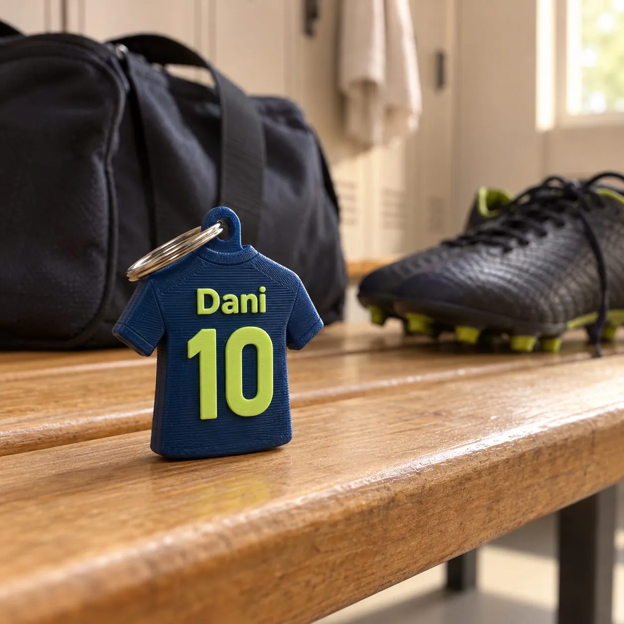 Un llavero azul con forma de camiseta de fútbol, con el nombre Dani y el número 10.