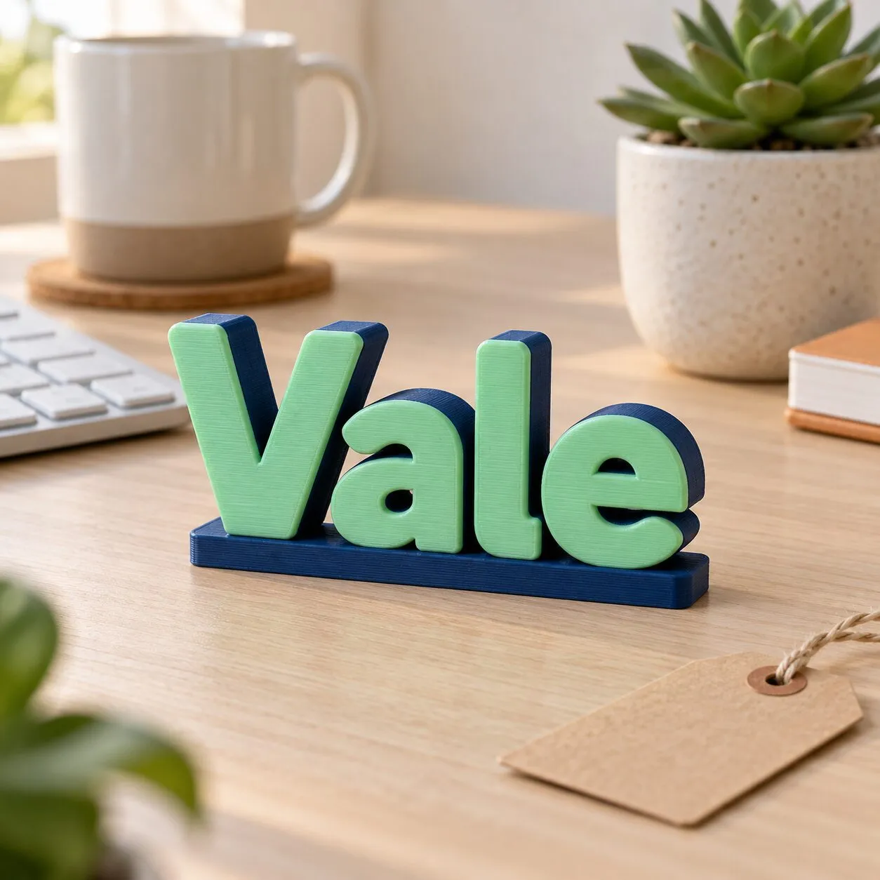 El nombre Vale en letras 3D verde menta, sobre un escritorio, junto a una taza y una planta.