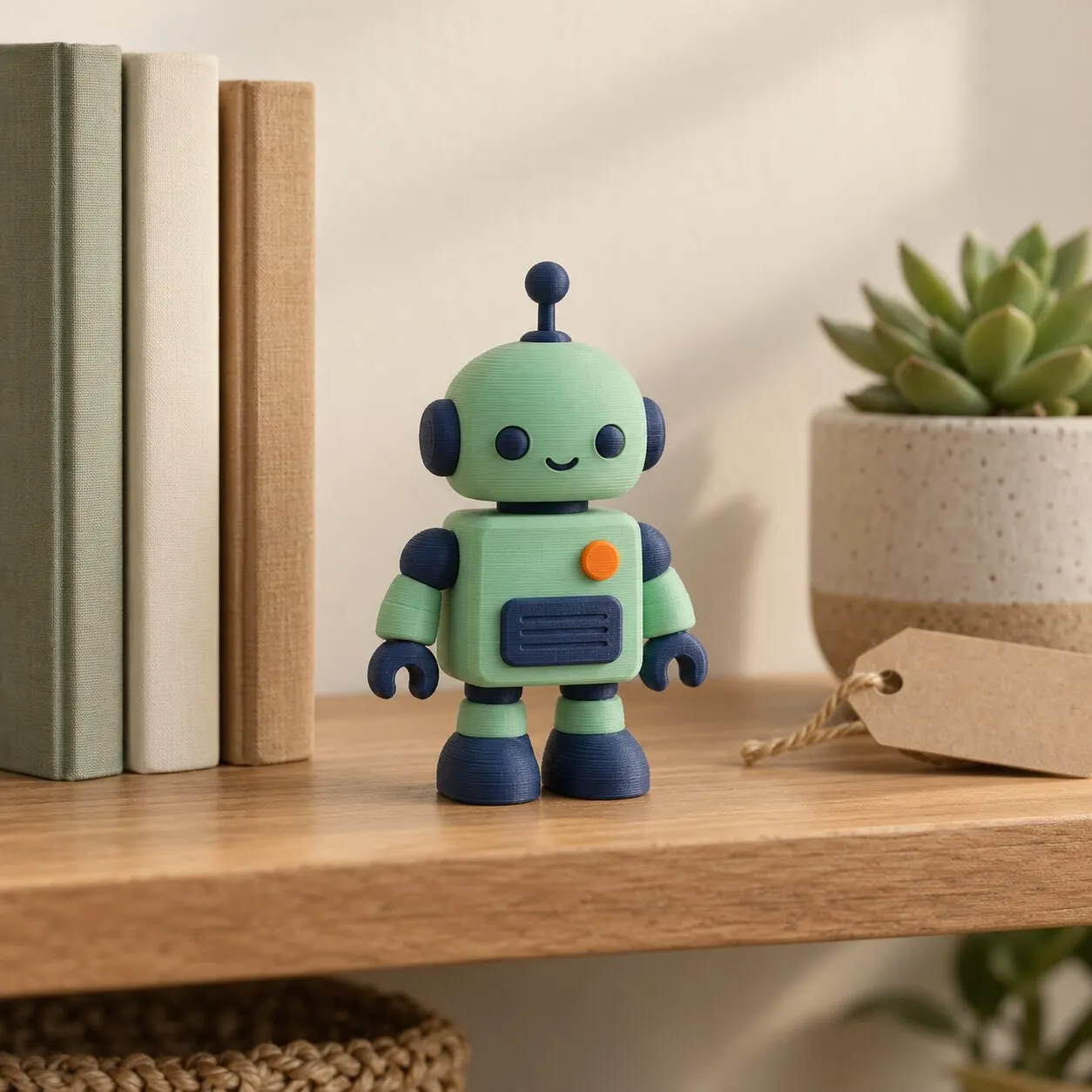 Una figura de robot verde menta y azul, impresa en 3D, en una repisa junto a unos libros y una planta.