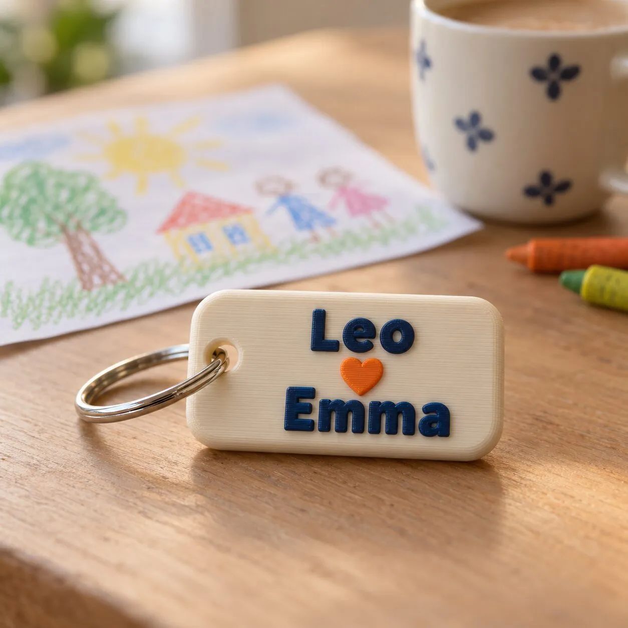 Un llavero de color crema con los nombres Leo y Emma y un corazón naranja entre los dos.
