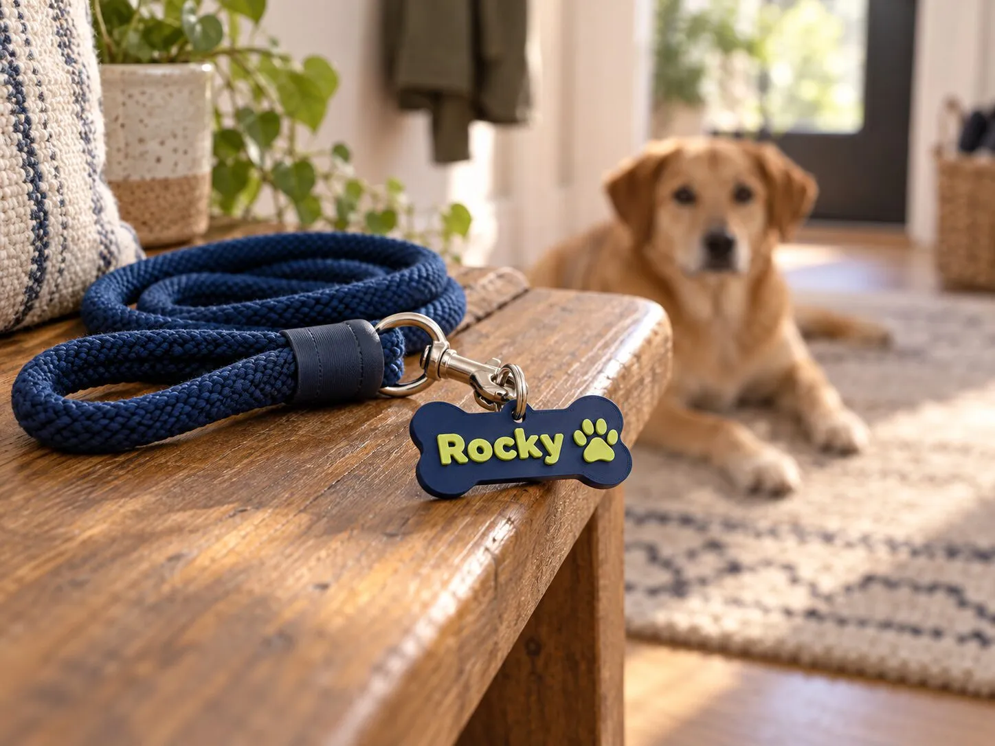 Un llavero azul con forma de hueso, con el nombre Rocky y una huella, enganchado a la correa de un perro.