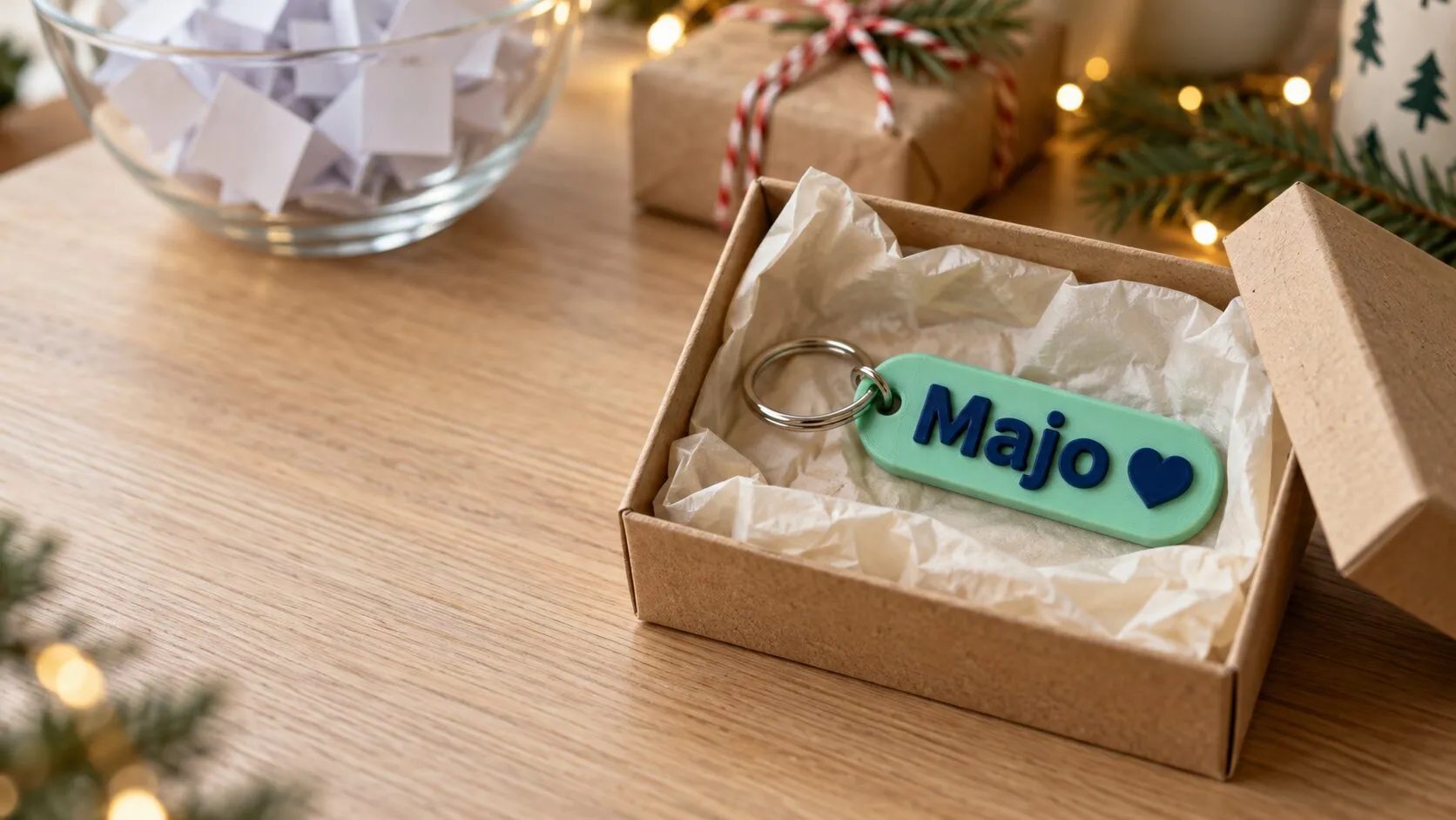 Un llavero verde menta con el nombre Majo y un corazón, dentro de una cajita de regalo, junto a un bol con papelitos doblados.