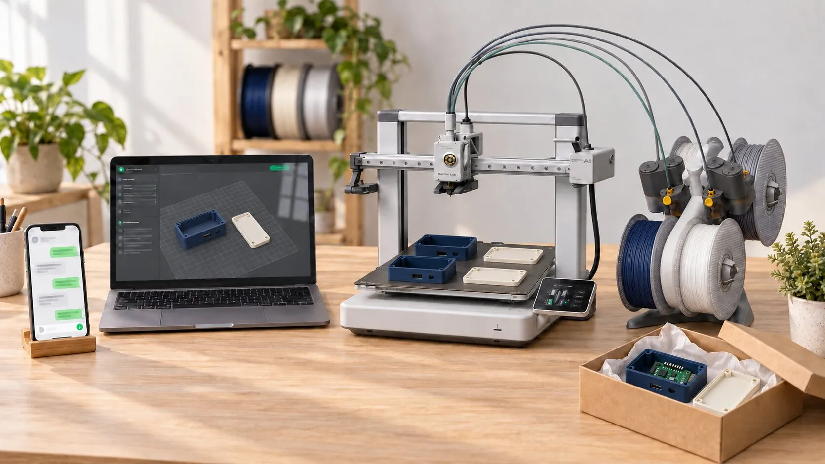 La mesa del taller: un celular con el chat del pedido, una laptop con el modelo de una caja para electrónica, una impresora 3D imprimiendo cajas y tapas, y una caja de cartón con una caja lista, con su placa adentro.