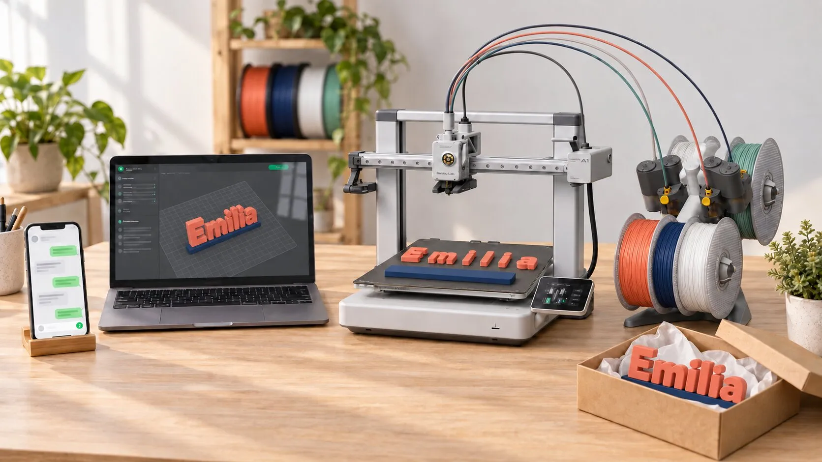 La mesa del taller: un celular con el chat del pedido, una laptop con el diseño del letrero Emilia, una impresora 3D imprimiendo las letras y su base, y una caja de cartón con el letrero listo.