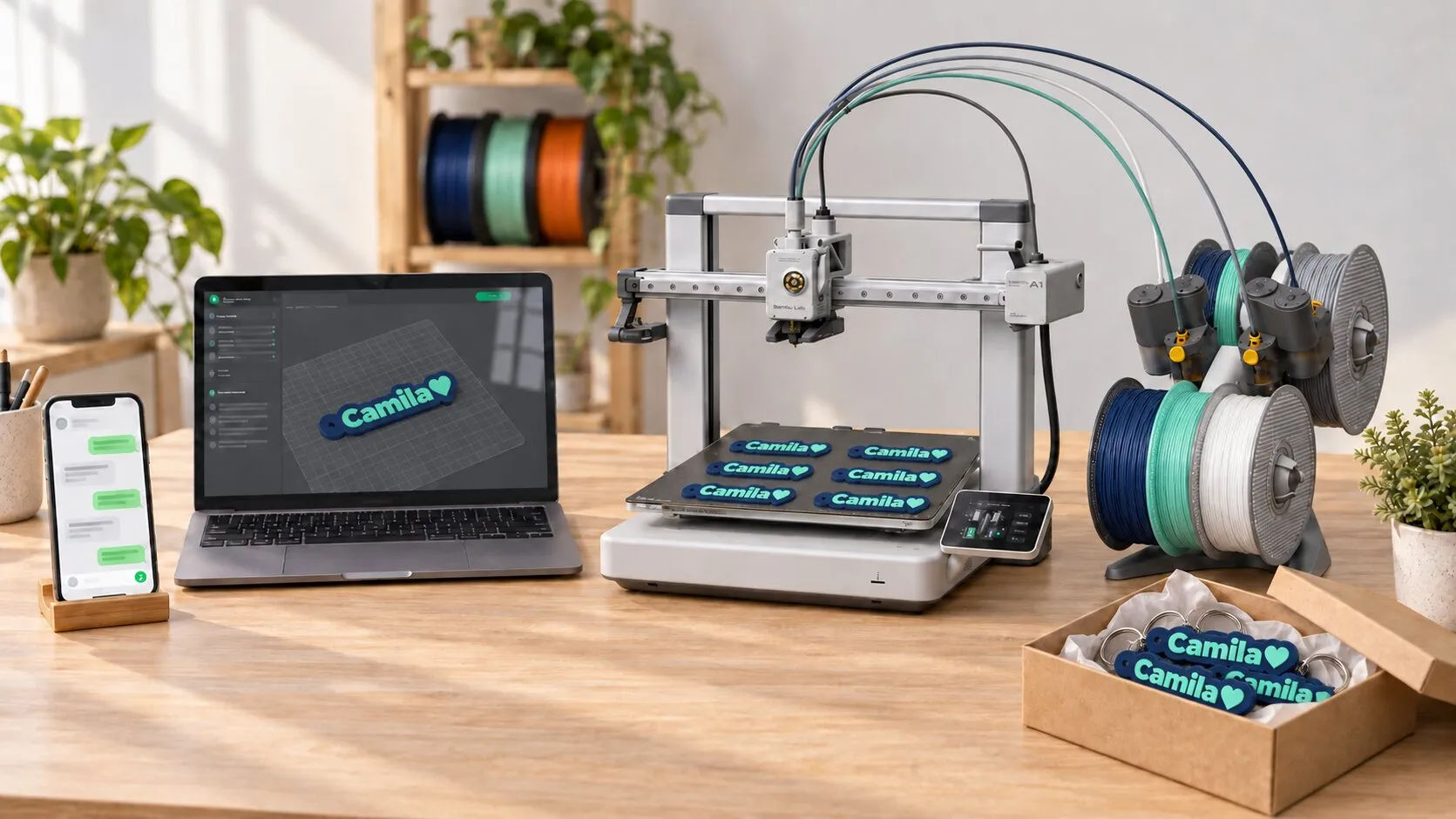 La mesa del taller: un celular con el chat del pedido, una laptop con el diseño del llavero Camila, una impresora 3D imprimiendo seis llaveros y una caja de cartón con los llaveros listos.