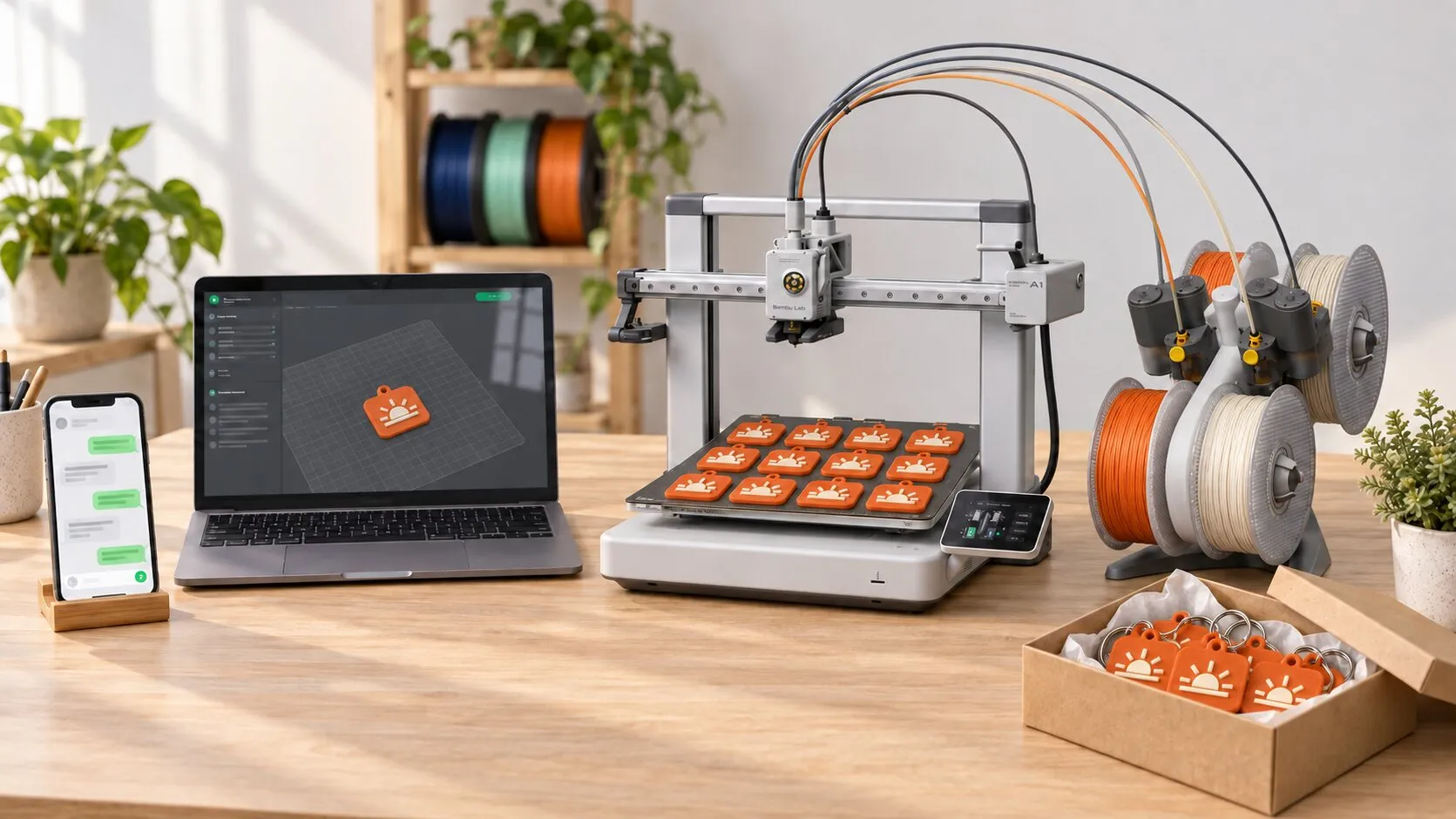 La mesa del taller: un celular con el chat del pedido, una laptop con el llavero de una marca, una impresora 3D imprimiendo un lote de llaveros naranjas y una caja de cartón con los llaveros listos.