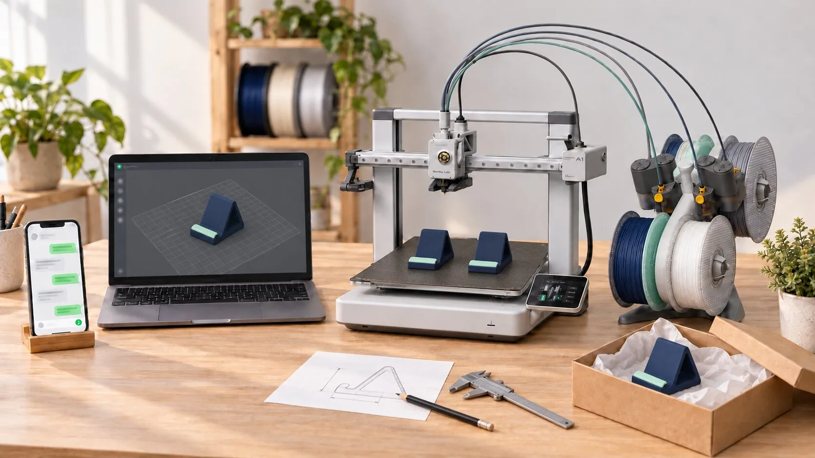 La mesa del taller: un celular con el chat del pedido, una laptop con el modelo 3D de un soporte de celular, una impresora 3D imprimiendo dos soportes y una caja de cartón con un soporte listo, y al frente un boceto con medidas junto a un calibrador.