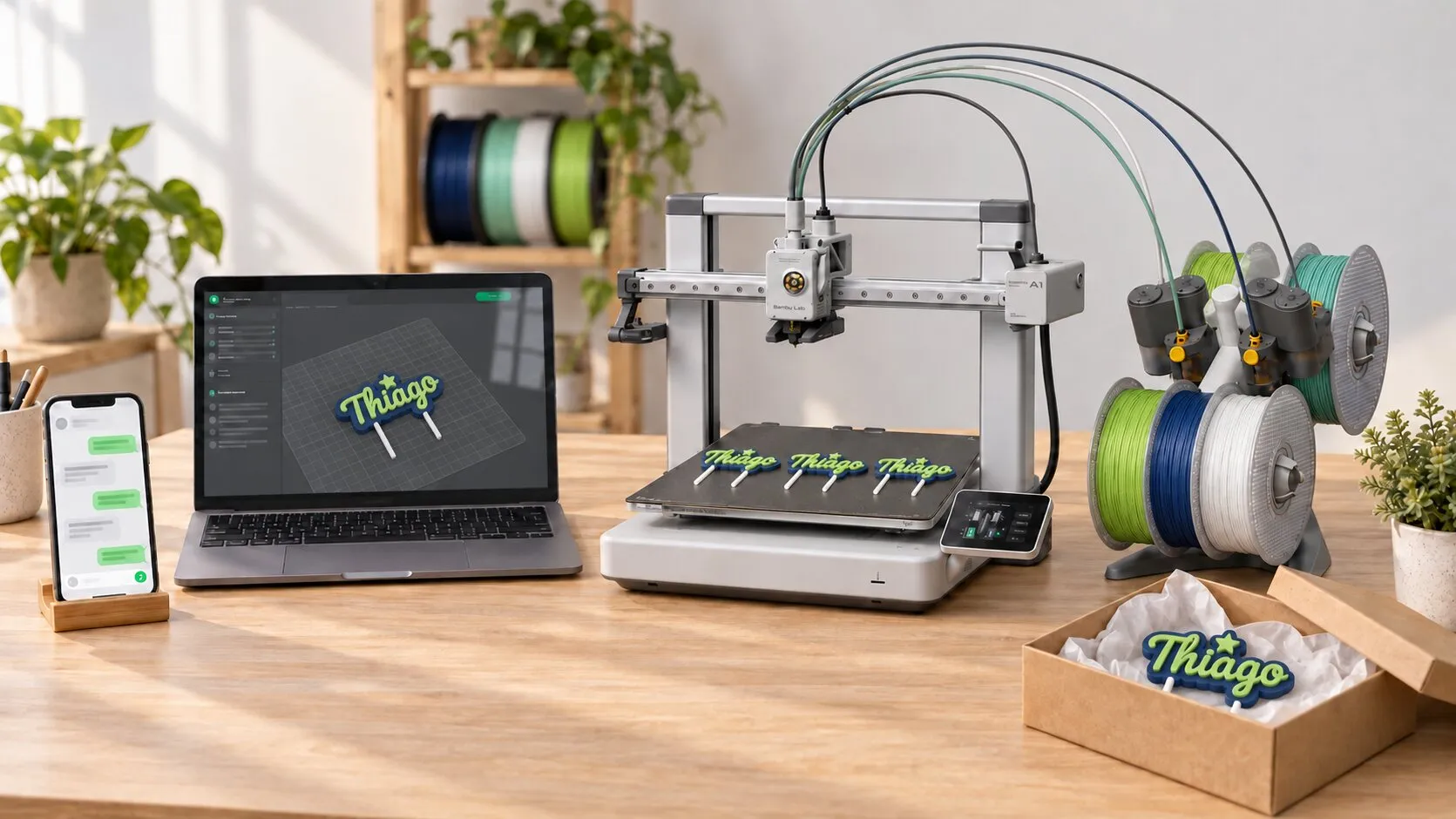 La mesa del taller: un celular con el chat del pedido, una laptop con el diseño del topper Thiago, una impresora 3D imprimiendo tres toppers y una caja de cartón con un topper listo.
