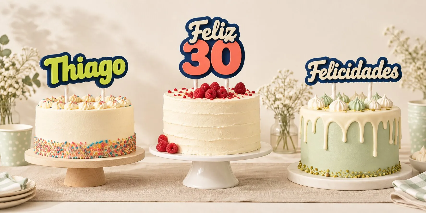 Tres tortas en una mesa de fiesta, cada una con su topper: Thiago en letras lima, Feliz 30 con el número en coral y Felicidades en letras crema; sus palitos van dentro de sorbetes.